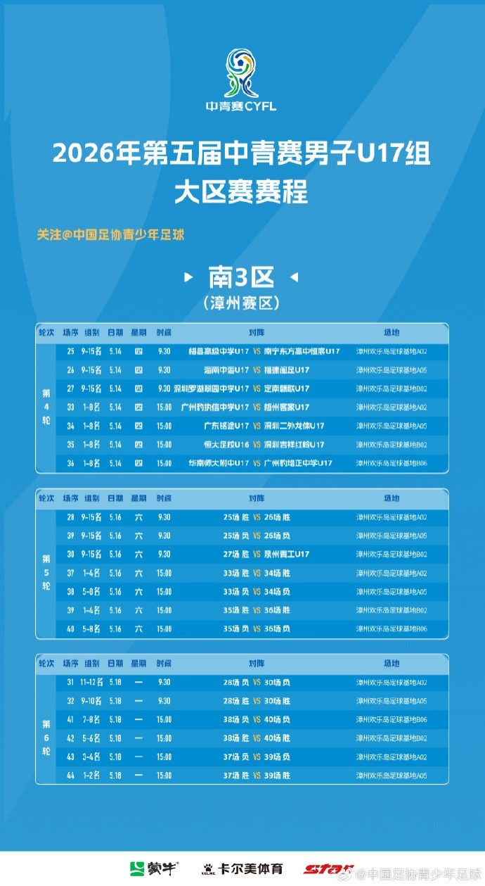 MK体育-2026年第五届中青赛男子U17组大区赛 （南3区）排位赛赛程表